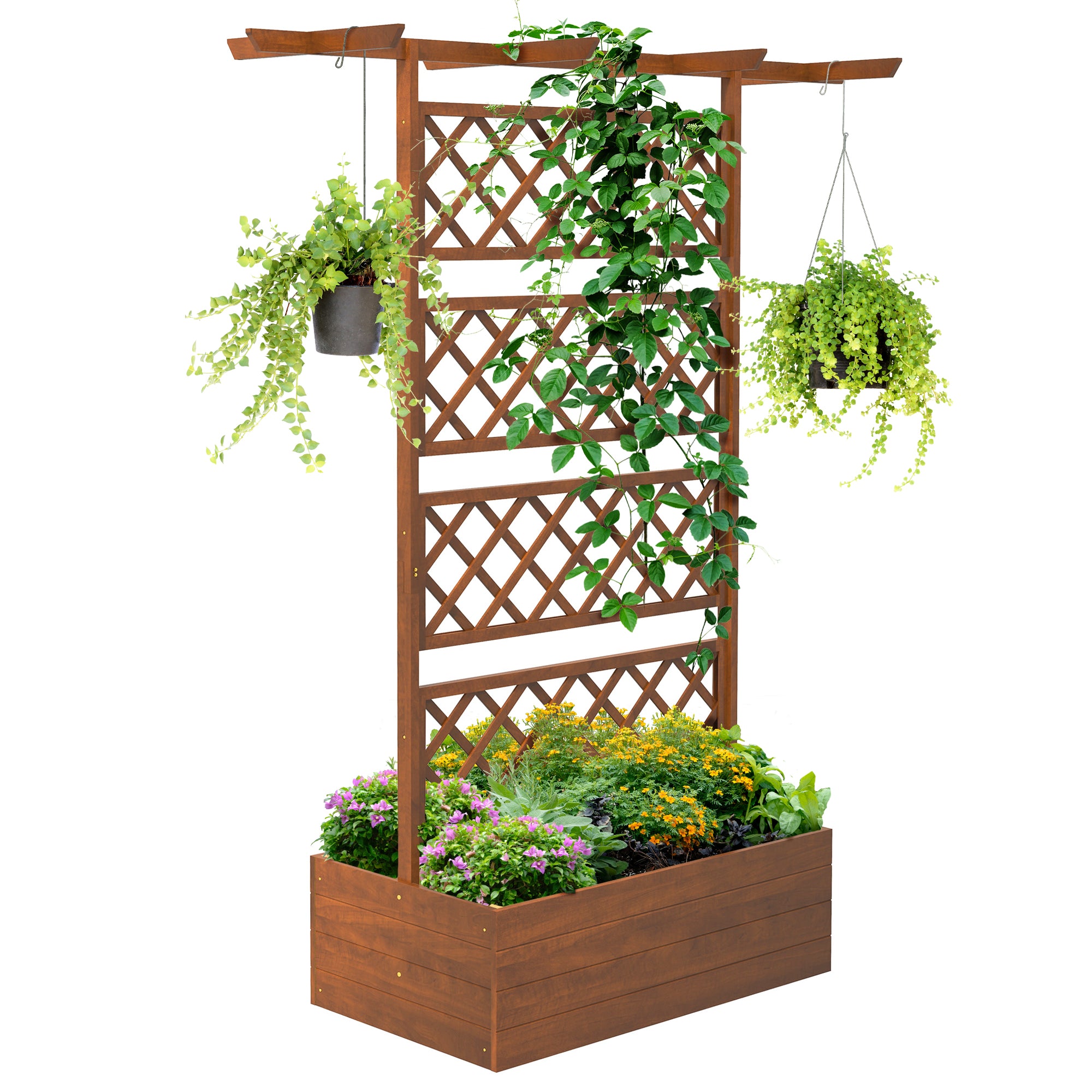 Outsunny Wooden Trellis Planter Box, Raised Garden Bed to Grow Vegetables, Herbs and Flowers, Orange