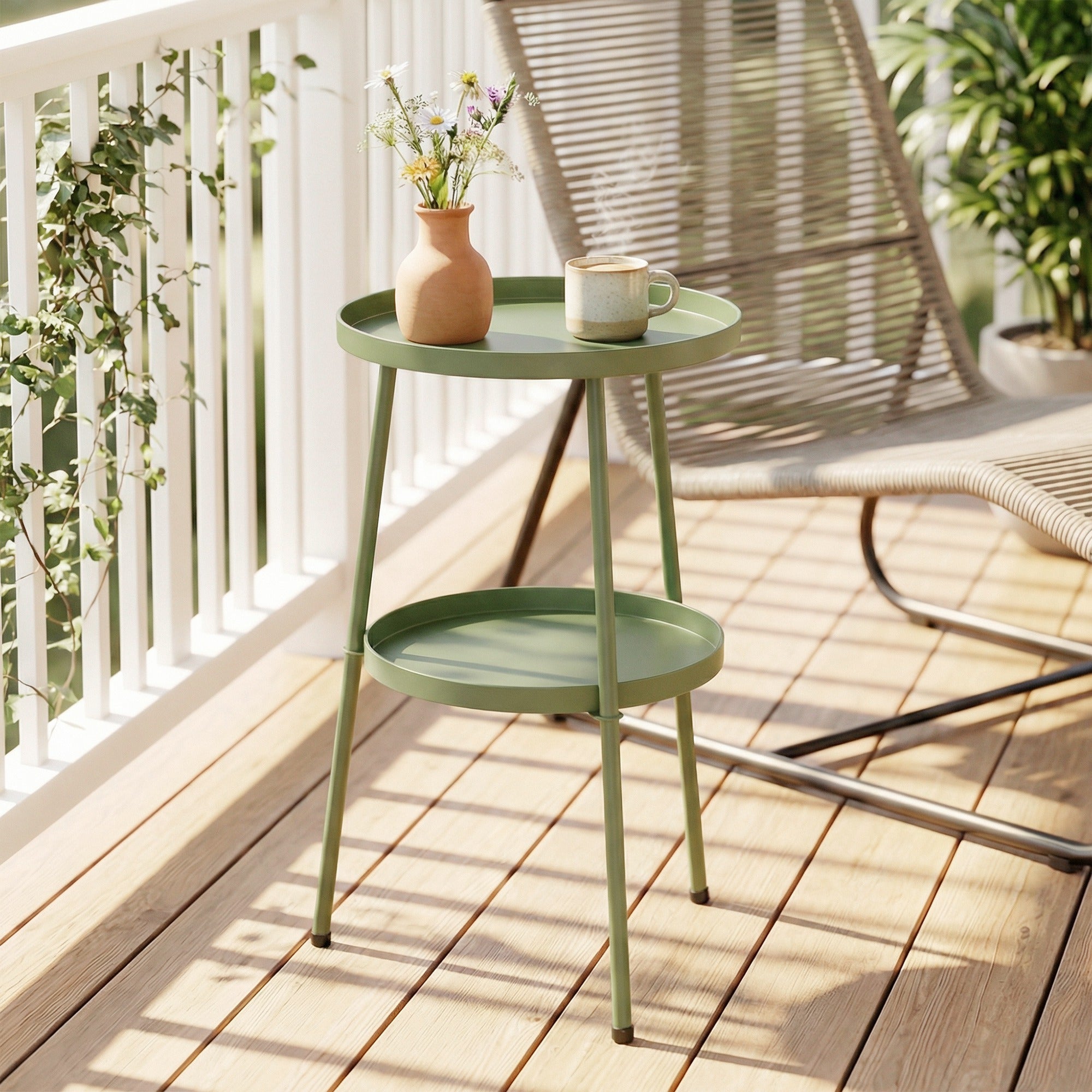 Outsunny Patio Side Table, 2-Tier Round Coffee End Table for Garden Balcony Living Room Bedroom, Light Green