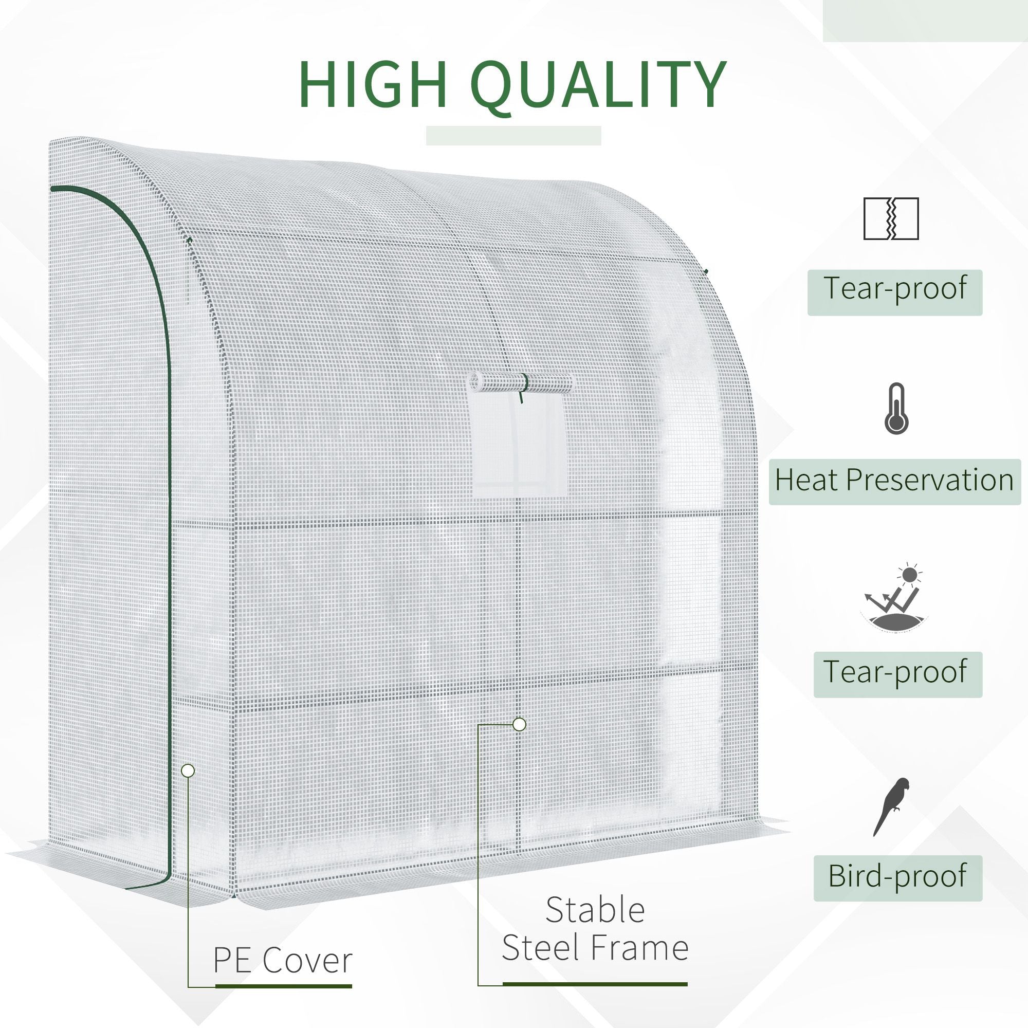 Outsunny Walk-In Lean to Wall Greenhouse with Windows and Doors, Outdoor Green House with 3 Tiers 4 Wired Shelves, 200L x 100W x 215Hcm, White