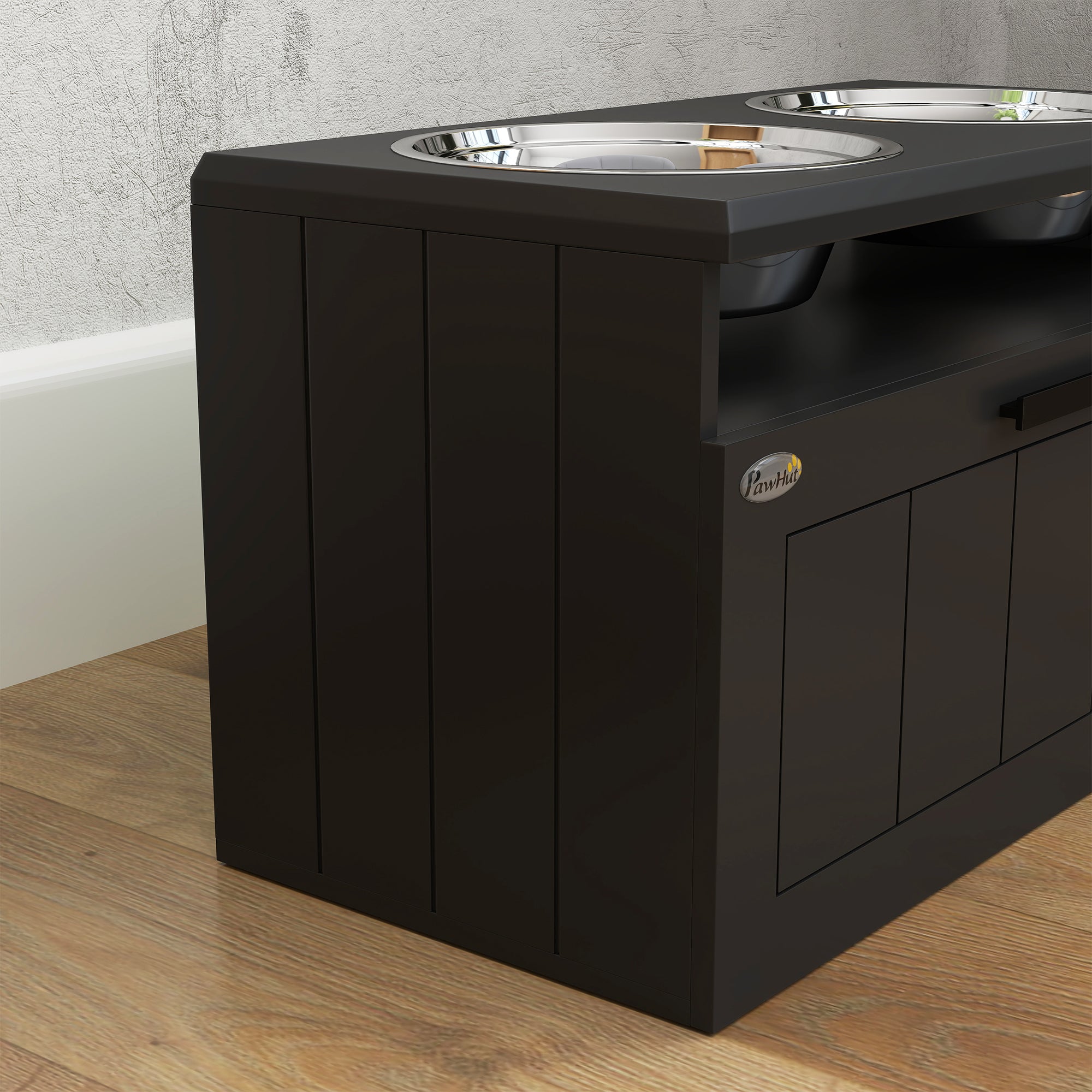 PawHut Raised Dog Bowl with Slow Feeder, Two Stainless Steel Dog Bowls, Drawer, for Large and Extra Large Dogs, Black