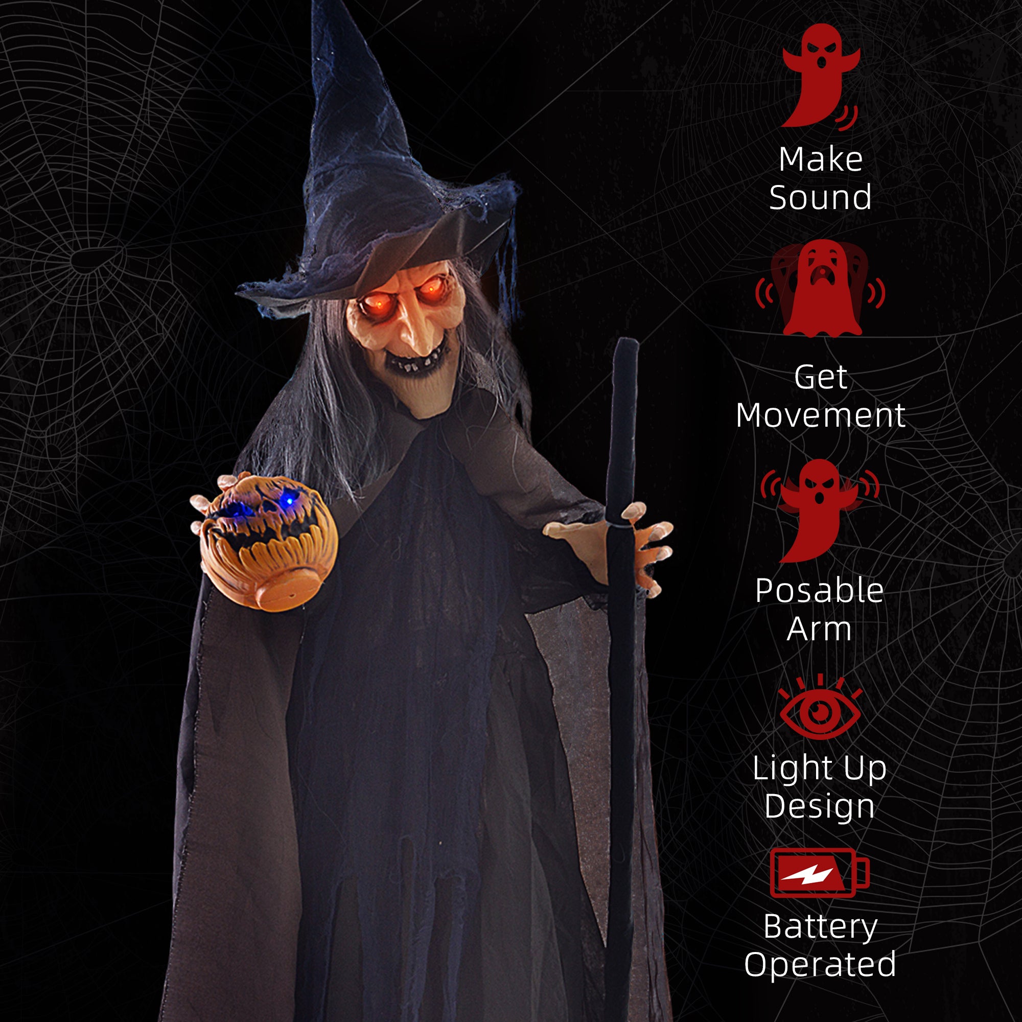 HOMCOM 6'2" Witch with Broomstick Halloween Animatronic, with Glowing Eyes
