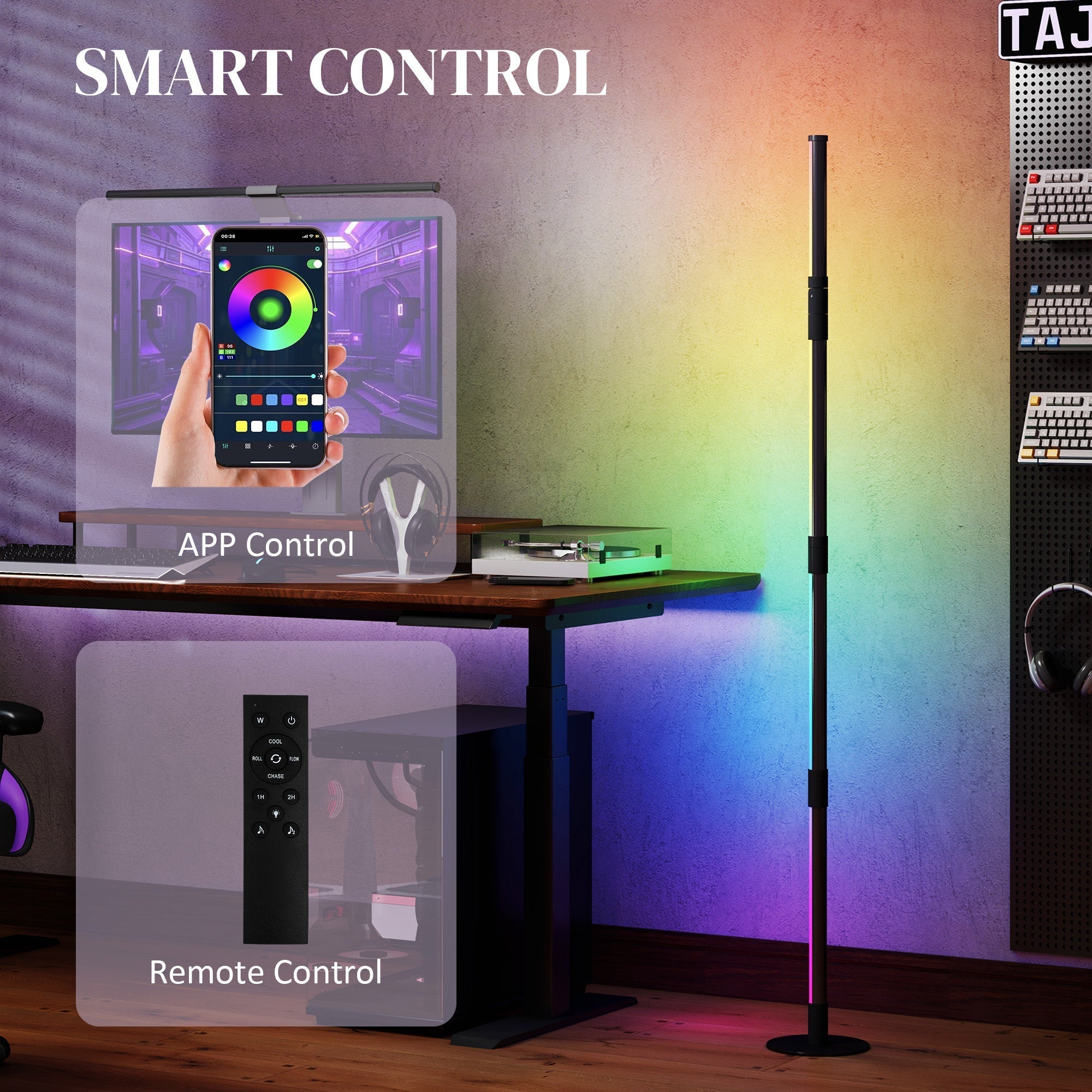 HOMCOM LED Floor Lamp, 360 RGB Detachable Corner Floor Lamp with App & Remote Control, Colour Changing Standing Lamp with Music Sync & Timing, for Living Room, Game Room, Dark Grey