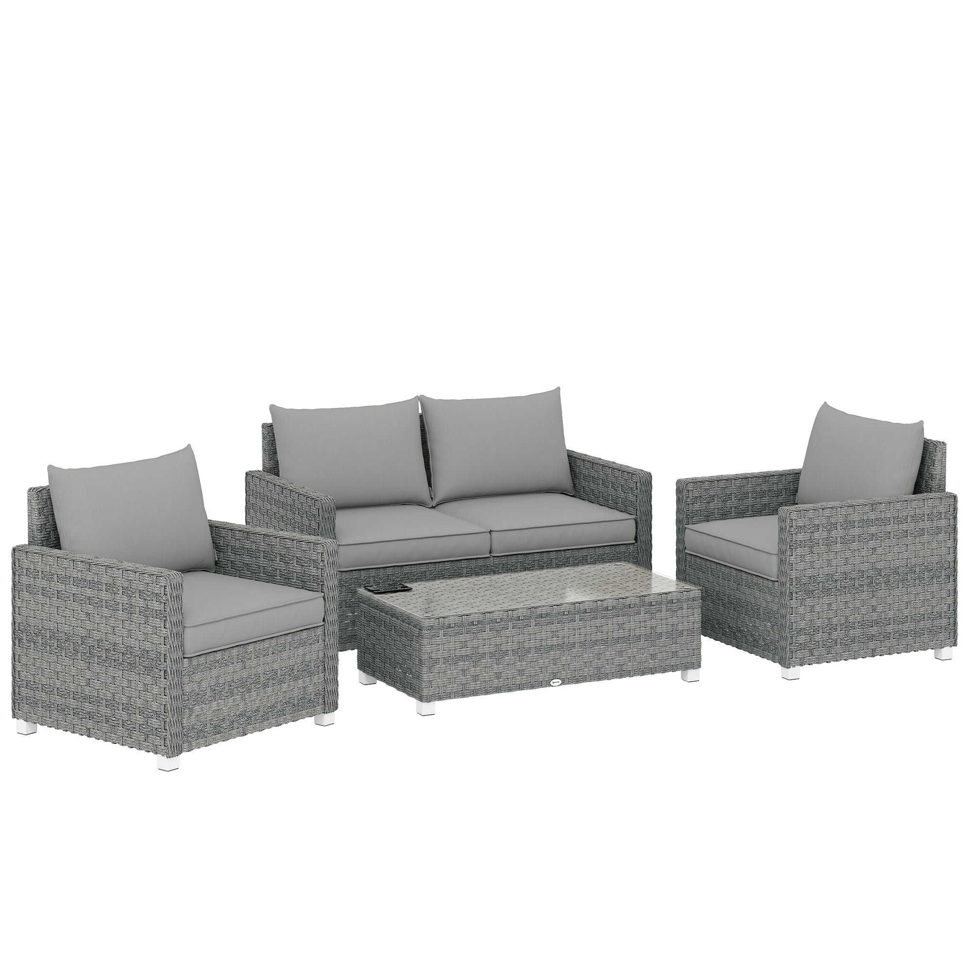 Outsunny 4 Piece Rattan Garden Furniture Set with Loveseat, 2 Armchairs, Glass-Top Table, Wicker Patio Conversation Set, Grey
