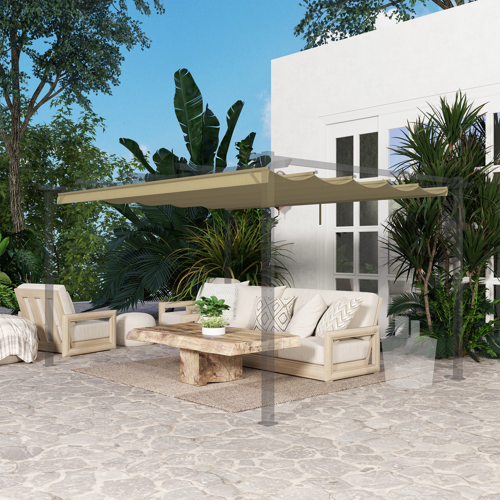 Outsunny Retractable Pergola Shade Cover, Replacement Canopy for 4 x 3 (m) Pergola, Retractable Roof, Tan