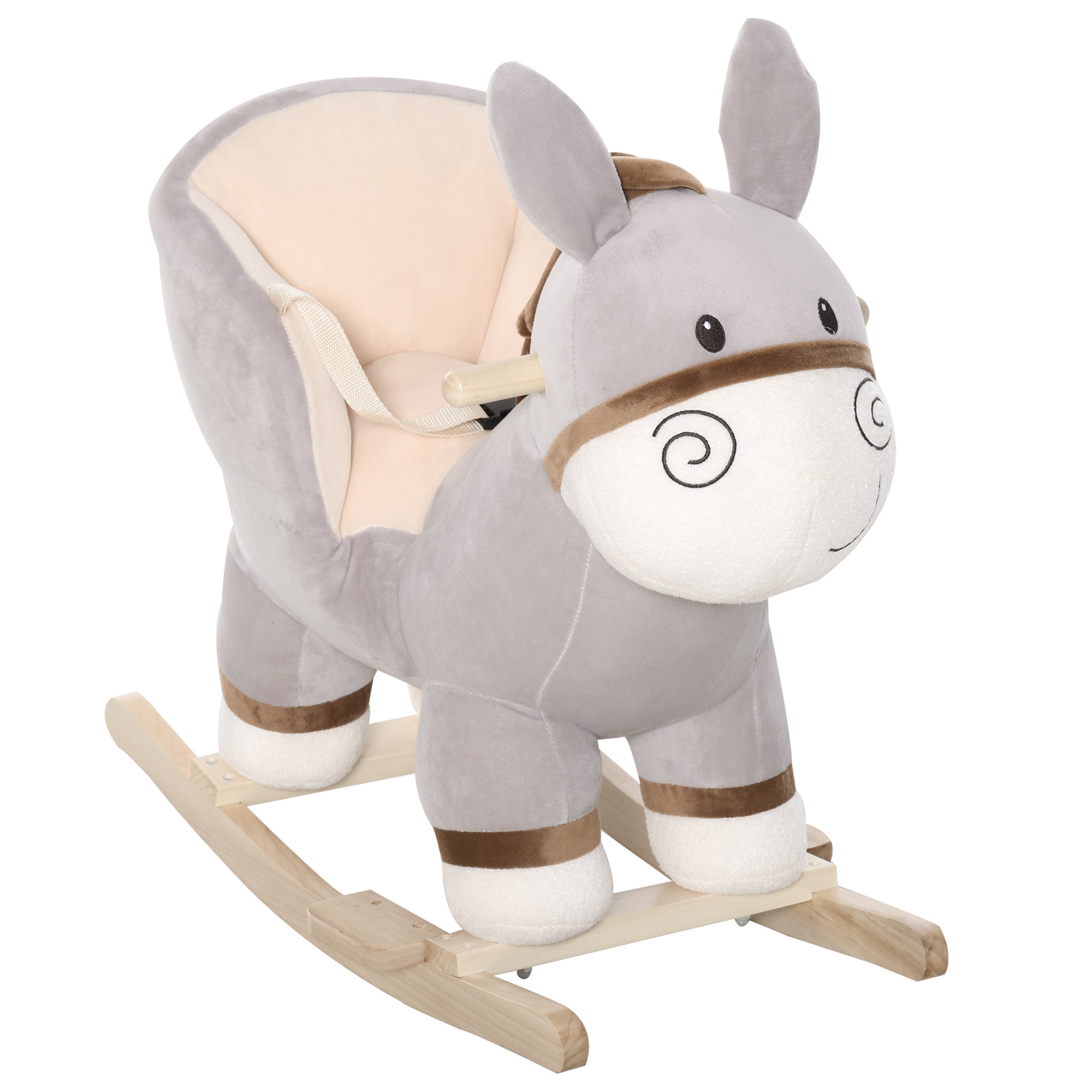 HOMCOM Kids Rocking Horse, Children Plush Ride On Donkey Animal Rocker w/ Sound, Wood Base Seat, Safety Belt, Baby Toy Rocker for Toddler 18 - 36 Months, Grey