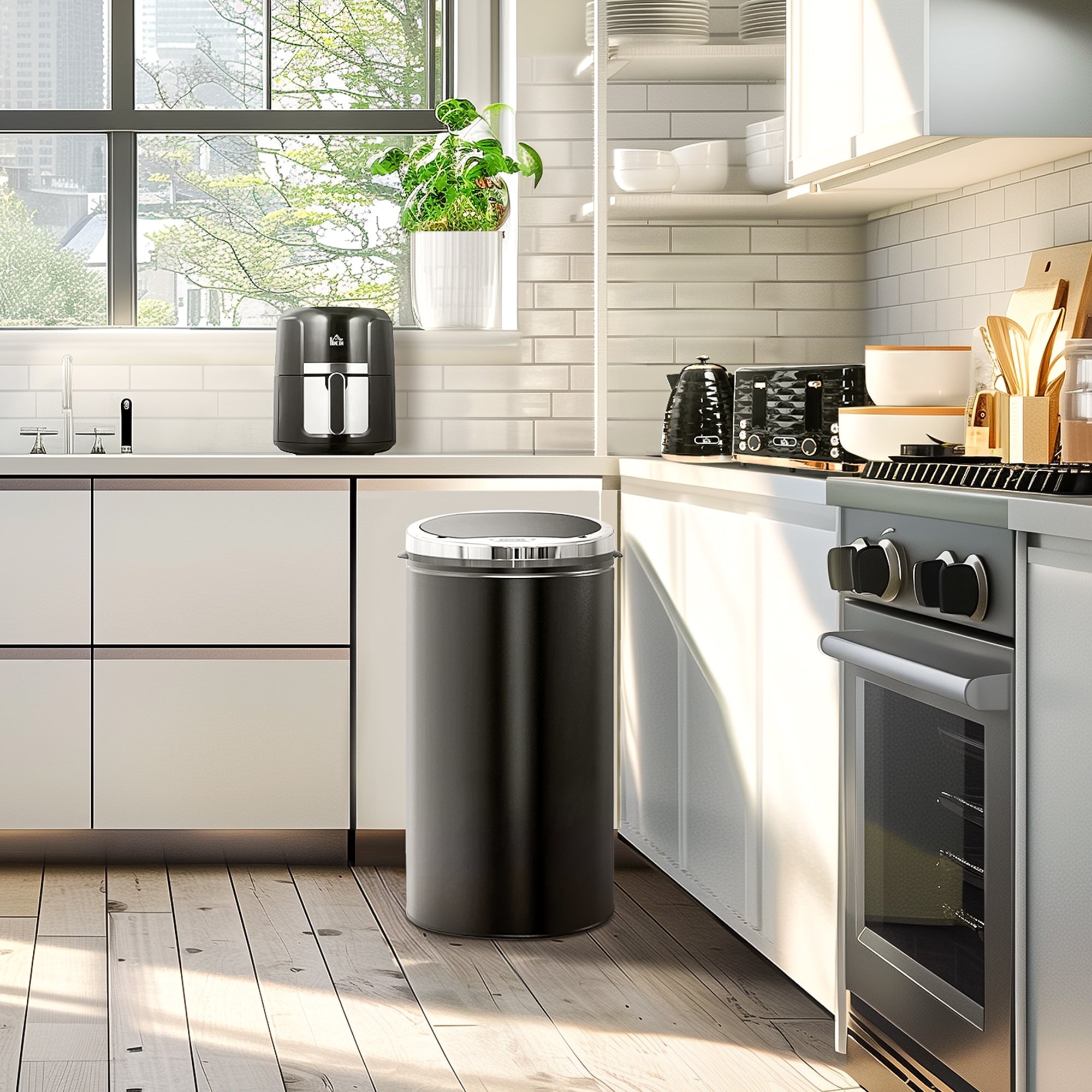 HOMCOM 42L Sensor Bin for Kitchen Waste Automatic Dustbin Motion Detection Dustbin Stainless Steel Rubbish Can with Bucket, Black