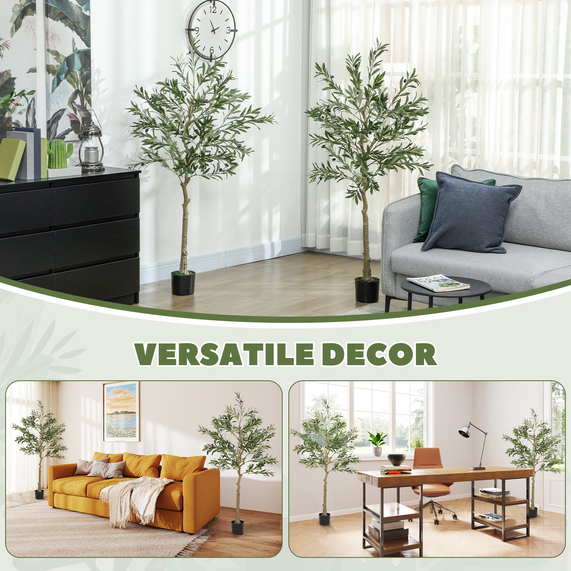HOMCOM Set of 2 5ft/ 150cm Decorative Artificial Plant, Silk Olive Tree with 720 Leaves and 32 Olive Fruits in Pot, Fake Plant for Home, Office, Living Room, Indoor Decor