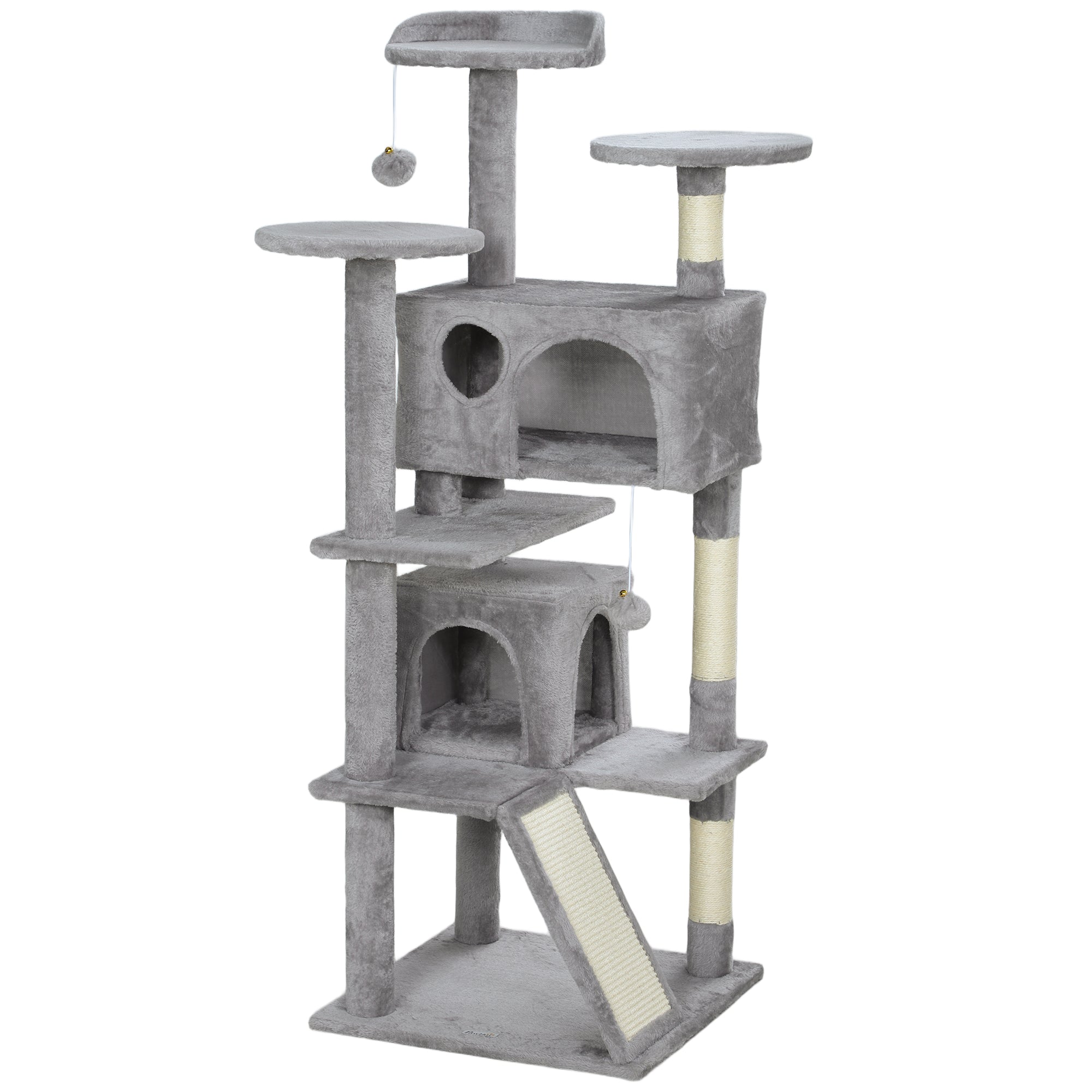 PawHut 138cm Cat Tree, Multi-Level Cat Tower with Scratching Posts and Pad, Bed, Condos, Platforms, Toy Balls, Light Grey