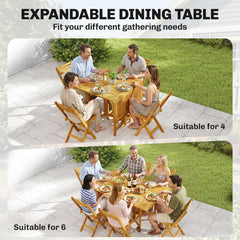 Outsunny 7 Pieces Garden Dining Set, Extending Dining Table and 6 Folding Chairs with Umbrella Hole for Patio, Natural Wood