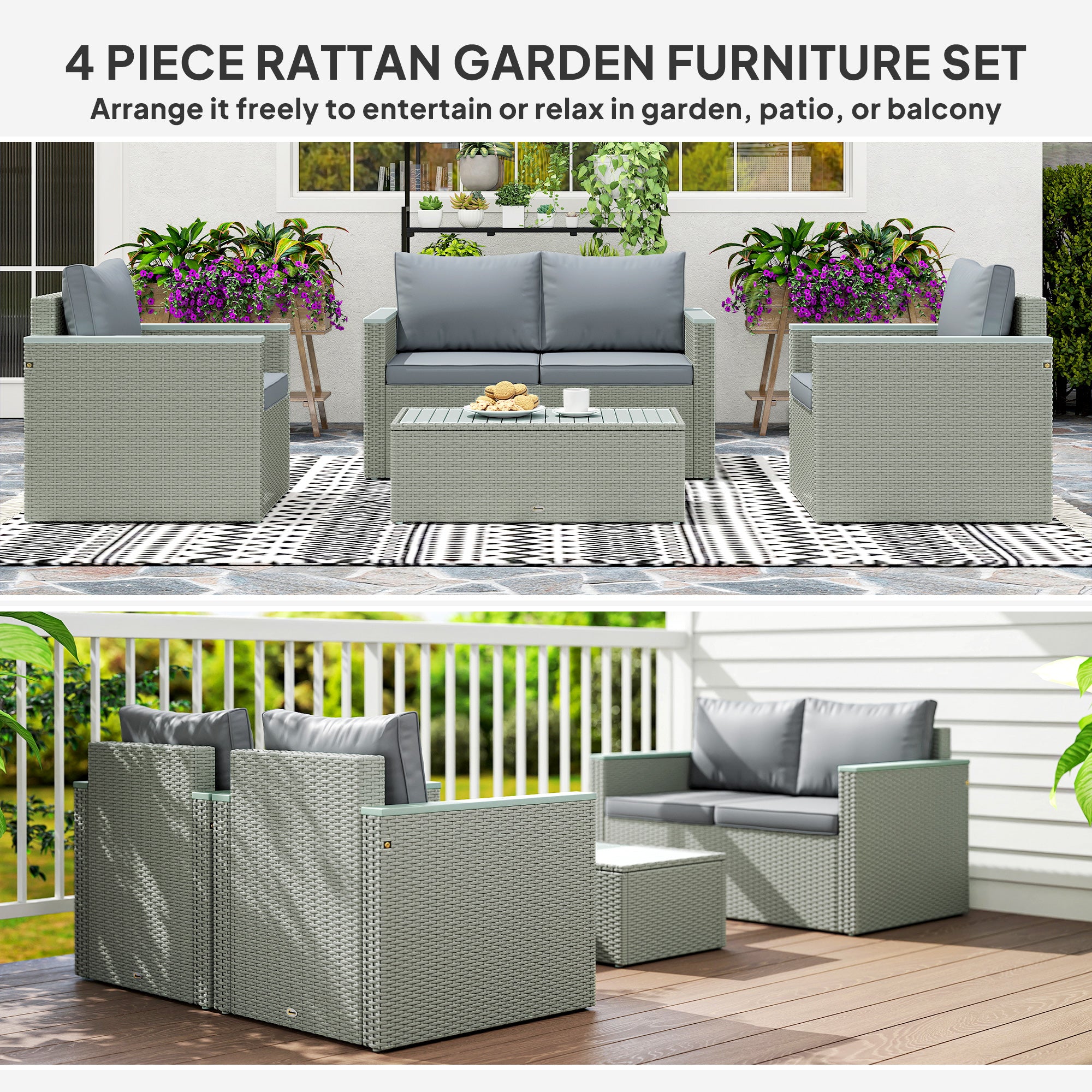 Outsunny Four-Piece Rattan Sofa Set, with Wood-Top Table