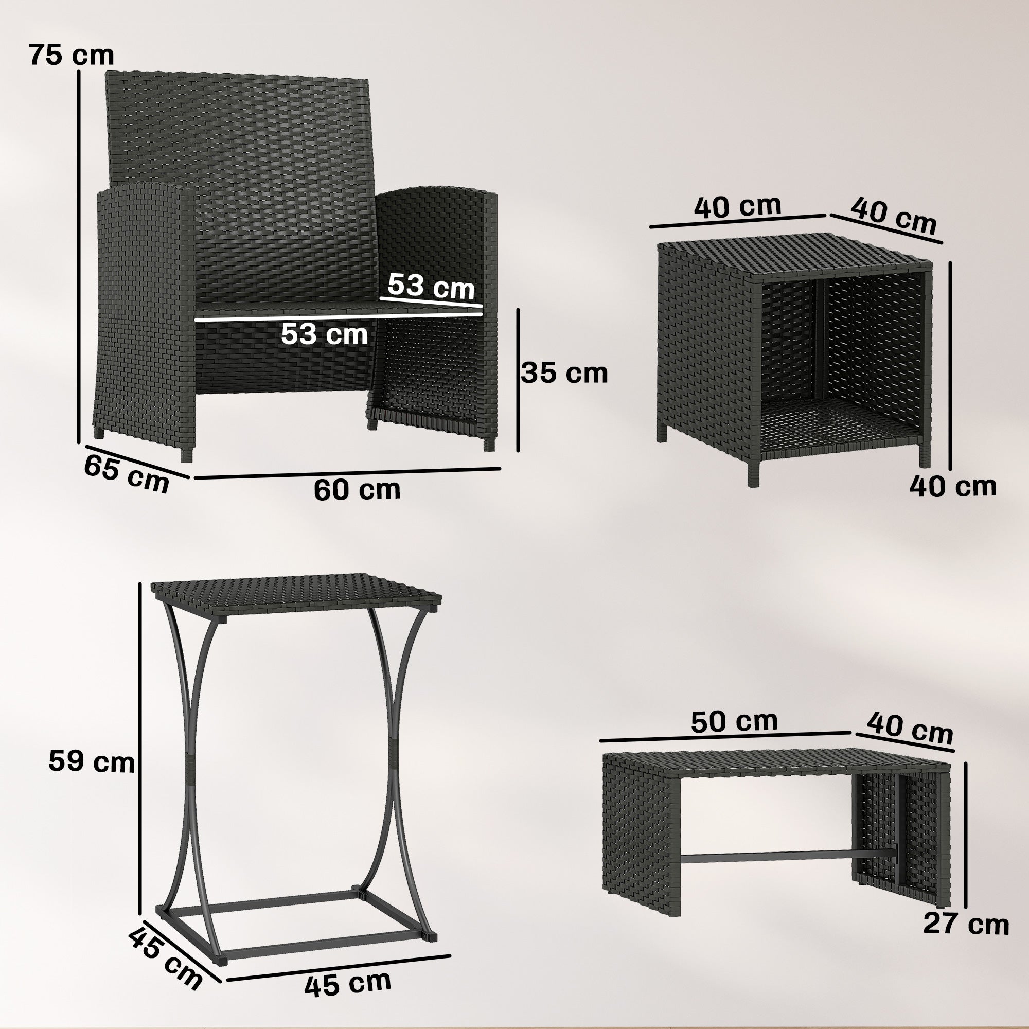 Outsunny 6 Piece Rattan Garden Furniture, Space-Saving Patio Furniture Set with Nesting Tables, Chairs, Stools, Cushions, Black