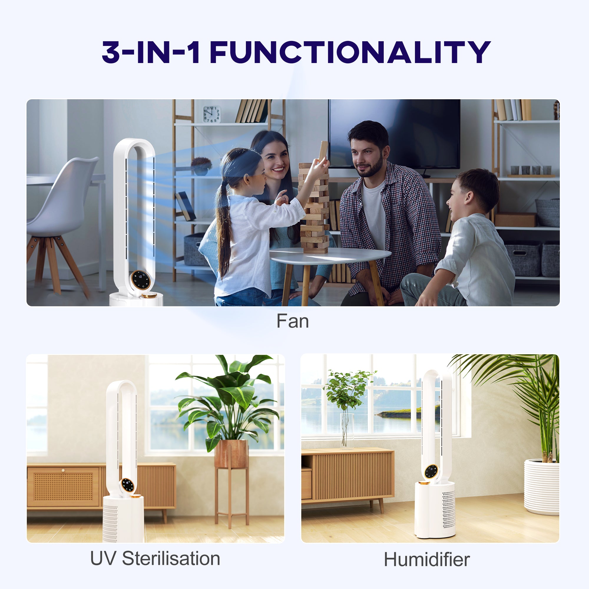 HOMCOM Multi-Mode Bladeless Tower Fan and Humidifier - White