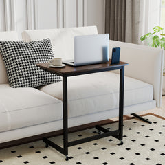 C-shaped End Table with Wheels Mobile Bedside Table with Built-in Phone Slot-Rustic Brown