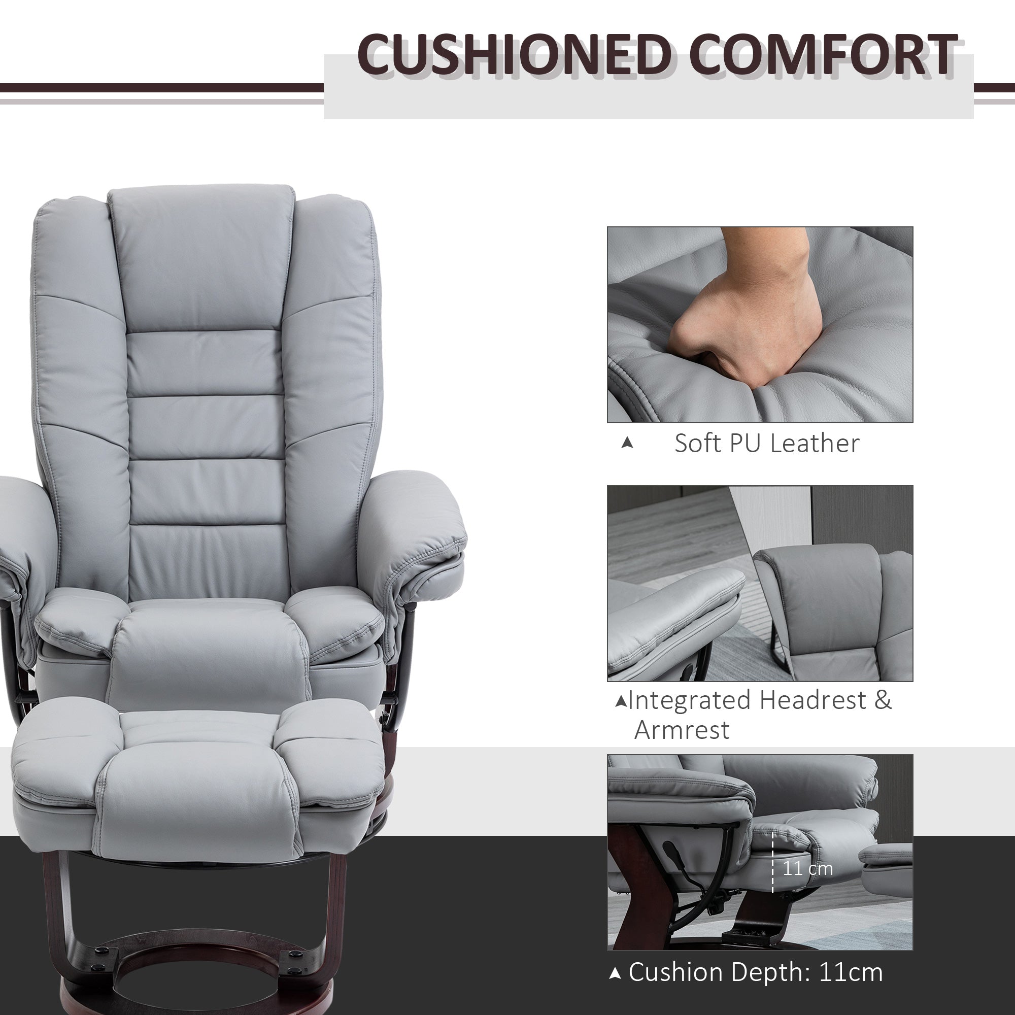 HOMCOM Recliner Chair With footstool, Recliner Armchair up to 130kg Weight Capacity, 135√Ç¬∞ Reclining Swivel Sofa Chair, PU Leather Ergonomic Couch Bed with Swivel Wood Base for Living Room, Grey