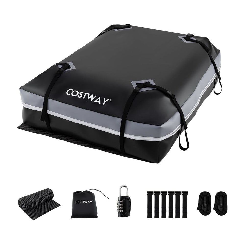 Car Rooftop Cargo Carrier Waterproof Heavy-Duty PVC Roof Bag with included accessories and storage bag