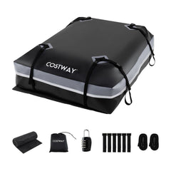 Car Rooftop Cargo Carrier Waterproof Heavy-Duty PVC Roof Bag with included accessories and storage bag