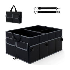 Car Trunk Organizer 48L Collapsible Cargo Storage Box in black with grey trim, shown folded and unfolded with straps