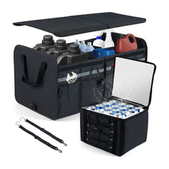 Car Trunk Organizer with leakproof cooler bag and adjustable securing straps in black
