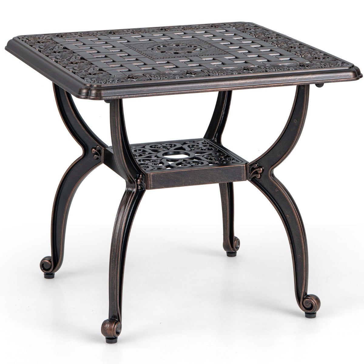 53 cm Cast Aluminum Outdoor Side Table with Hollow-carved Floral Pattern for Garden Porch-Rustic Brown