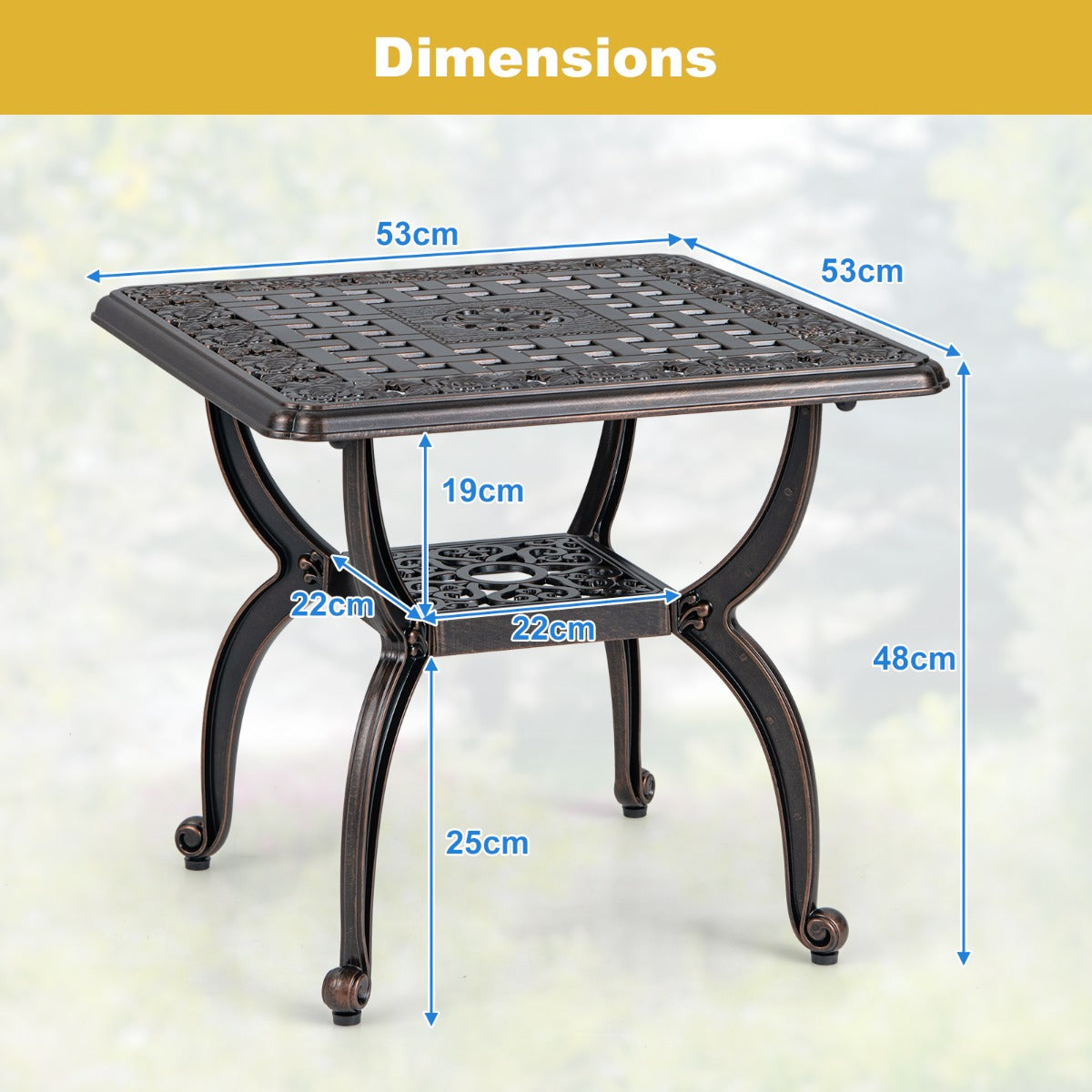 53 cm Cast Aluminum Outdoor Side Table with Hollow-carved Floral Pattern for Garden Porch-Rustic Brown