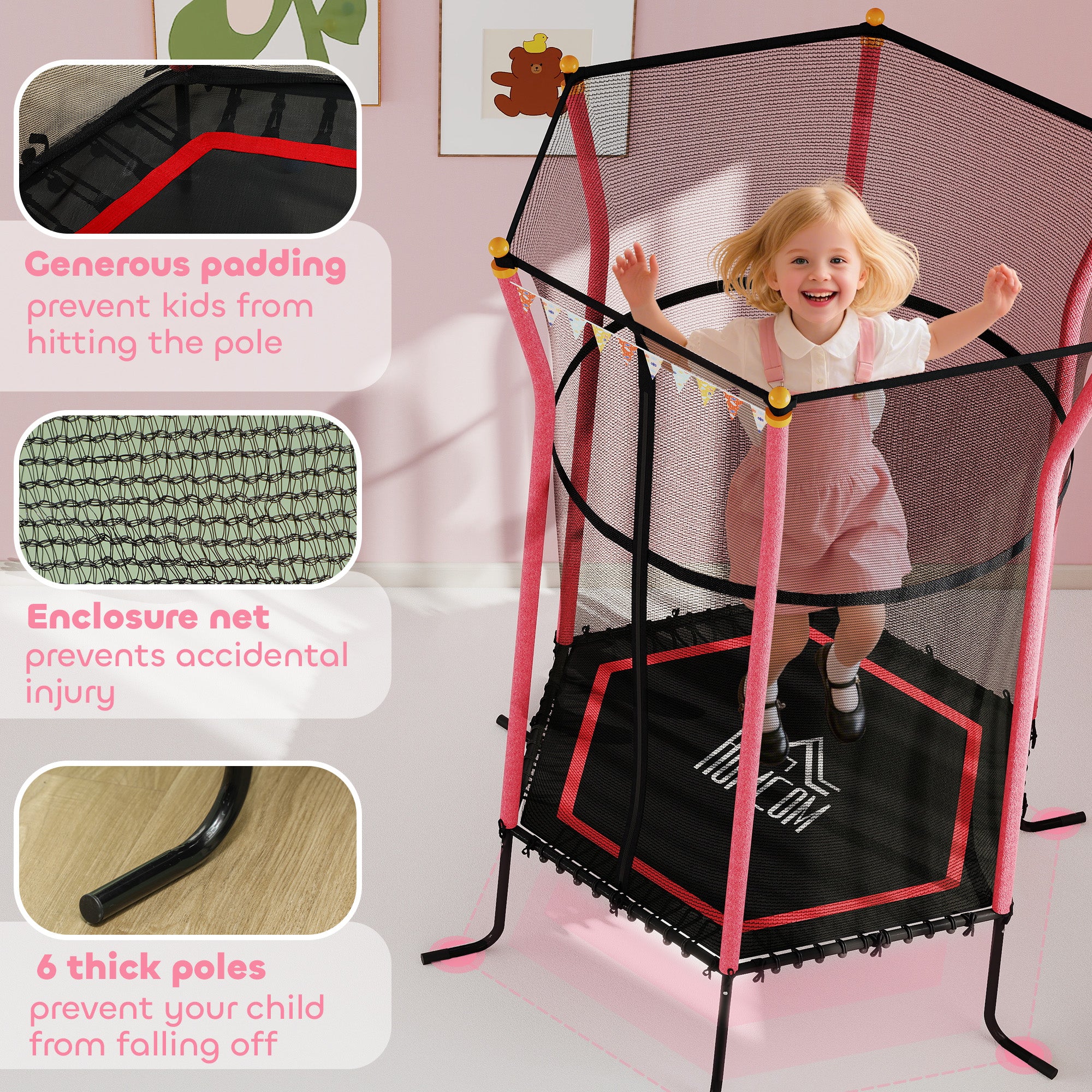 HOMCOM Kids Trampoline Mini Bouncer with Enclosure Safety Net For Ages 3-10 Years - Red