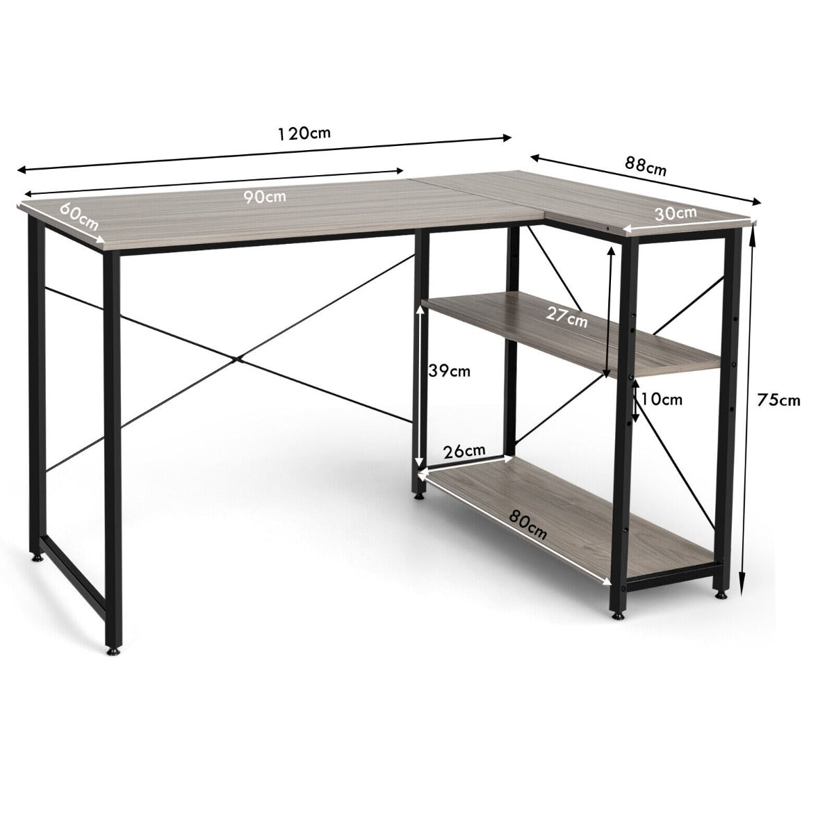 L-Shaped Corner Computer Desk with Reversible and Adjustable Bookshelf-Grey