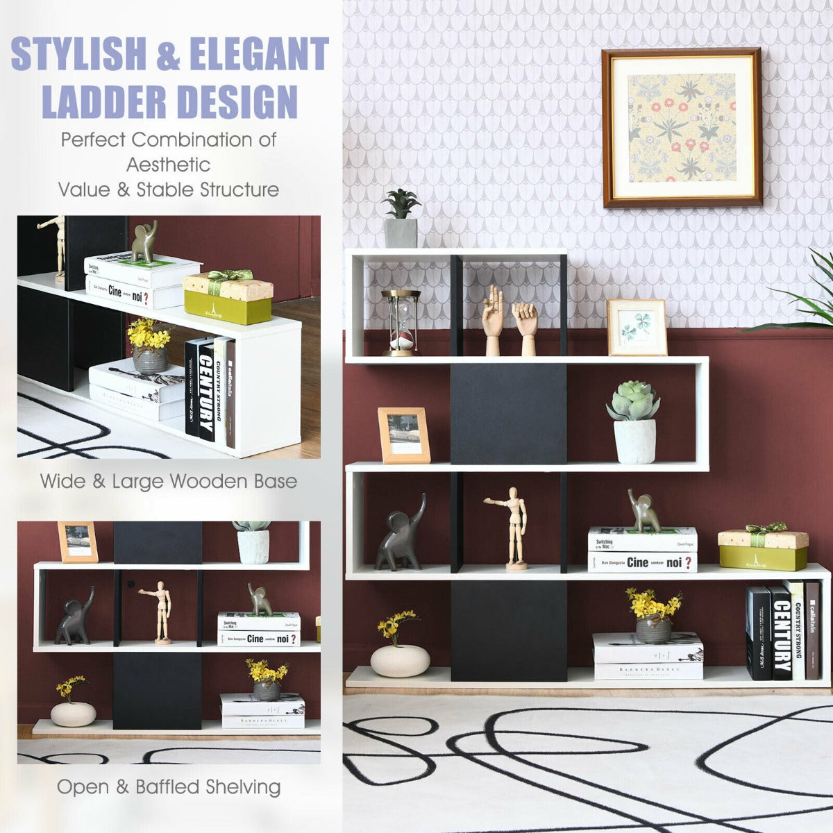 5-Tier Display and Storage Bookshelf for Home and Office-Black and White