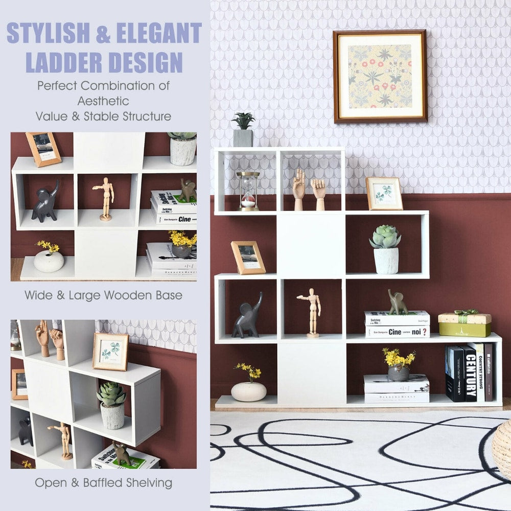 The white display and storage bookshelf with text highlighting its features and design