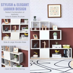 The white display and storage bookshelf with text highlighting its features and design