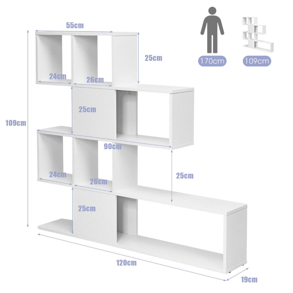 The white display and storage bookshelf with dimensions and a person icon for scale