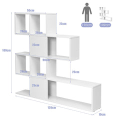 The white display and storage bookshelf with dimensions and a person icon for scale