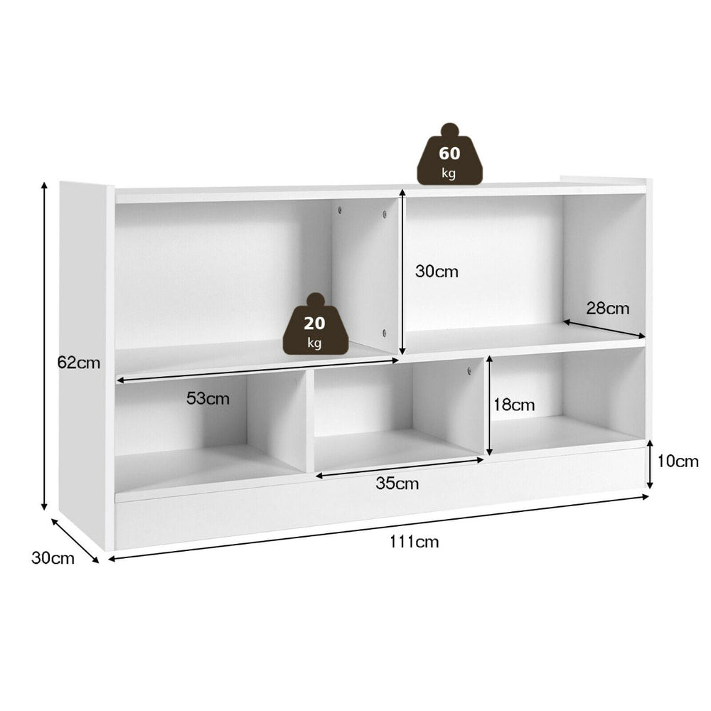 A white kids storage bookcase with dimensions and weight capacity clearly marked on the unit