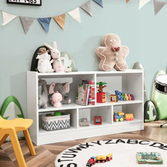 The white kids storage bookcase filled with toys and books in a child's bedroom setting