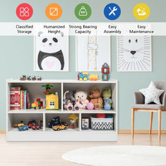 The kids storage bookcase shown with icons highlighting its features like classified storage and easy assembly