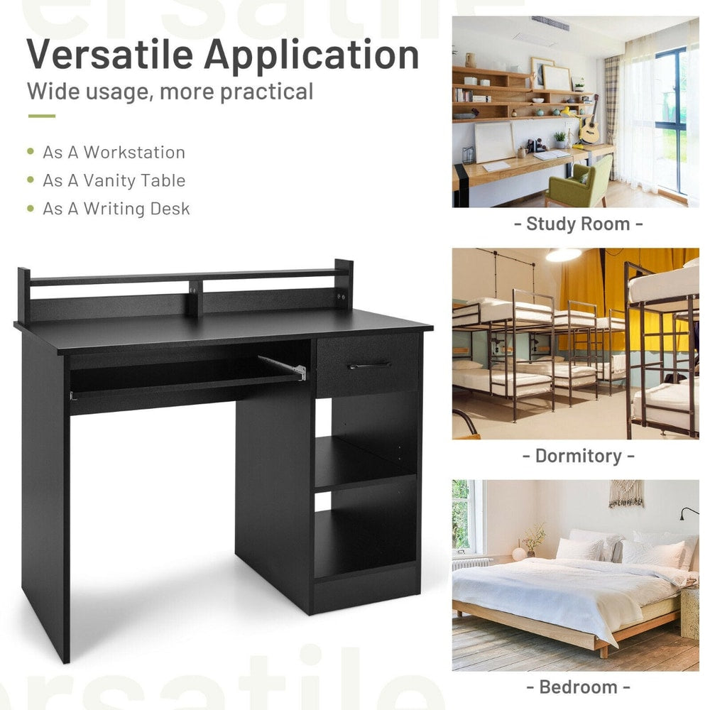 Collage showing the black computer desk in various settings like a study, dorm, and bedroom