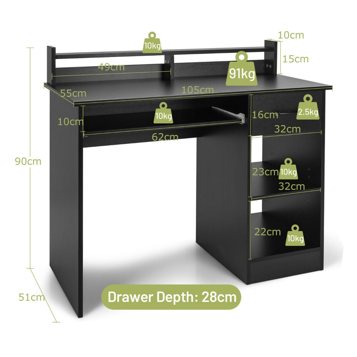 The black office desk with dimensions shown for width, height, and depth