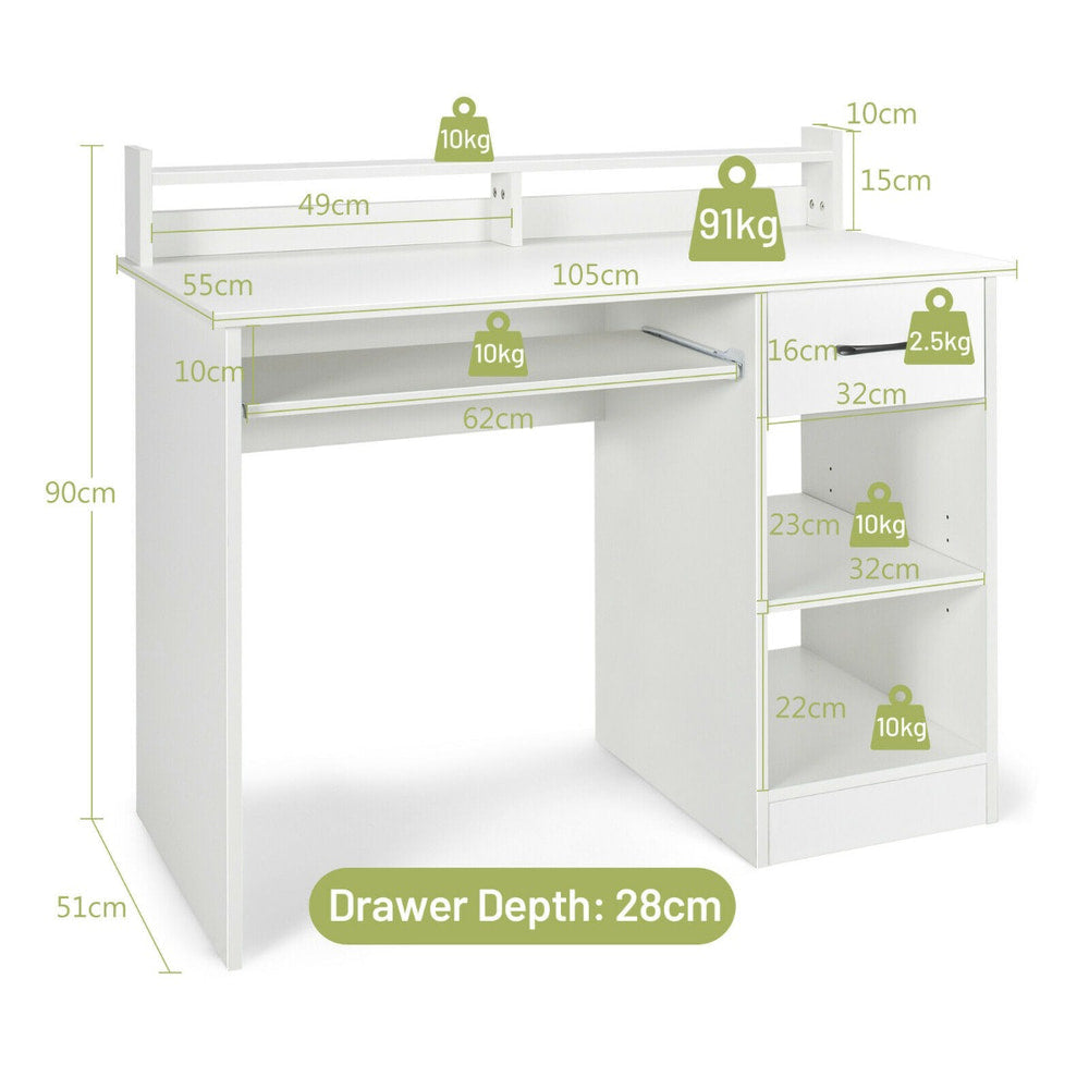 White office desk with dimensions and weight labels for different parts