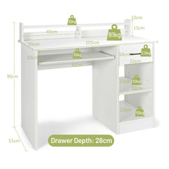 White office desk with dimensions and weight labels for different parts