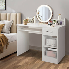 The white office desk used as a dressing table with makeup and a mirror