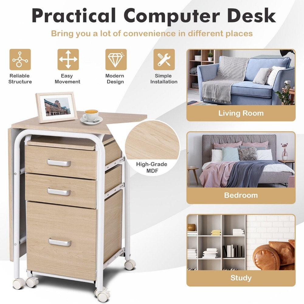 This practical computer desk is shown in different room settings and highlights its structure