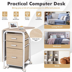 This practical computer desk is shown in different room settings and highlights its structure
