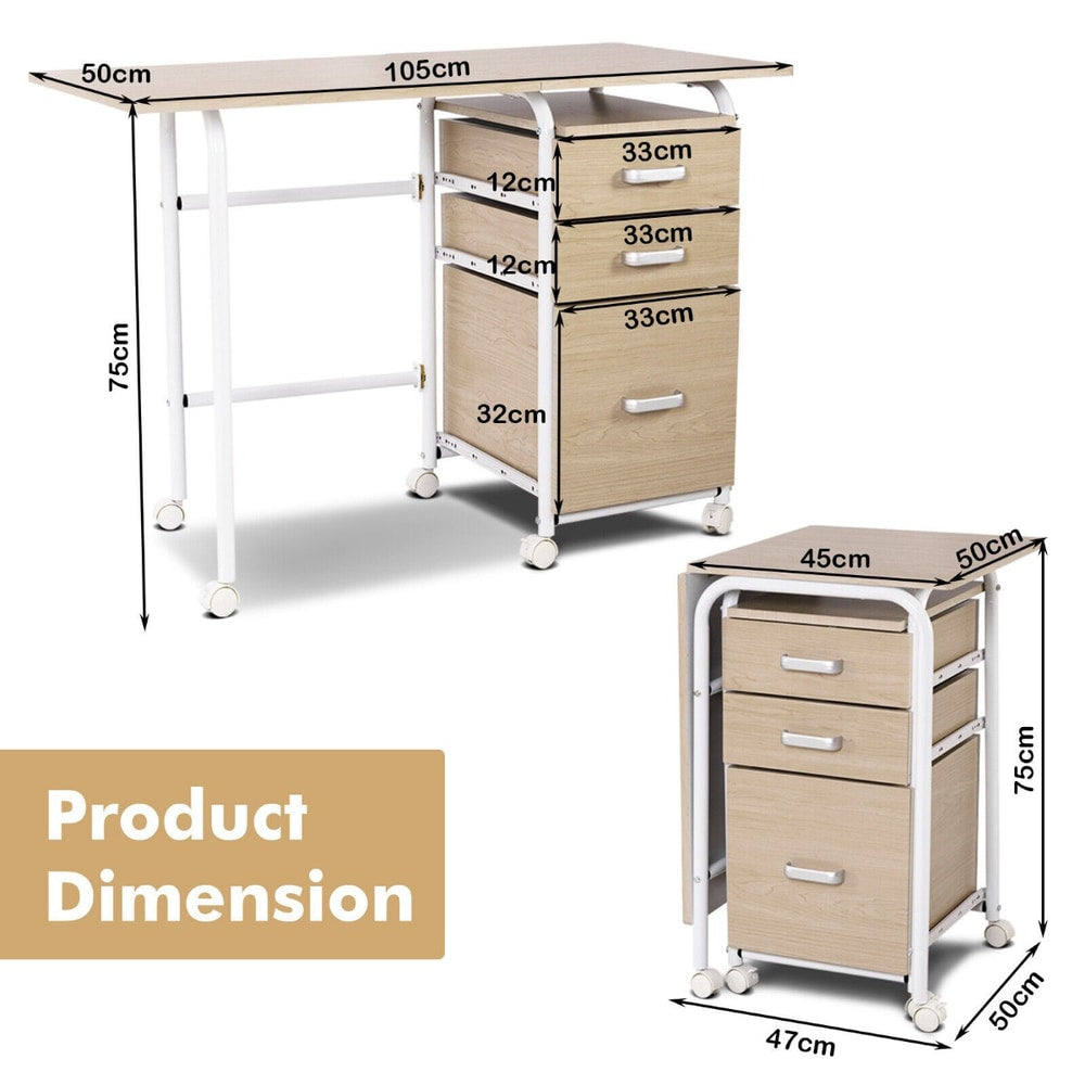 Product dimensions diagram showing the height, width, and depth of the desk