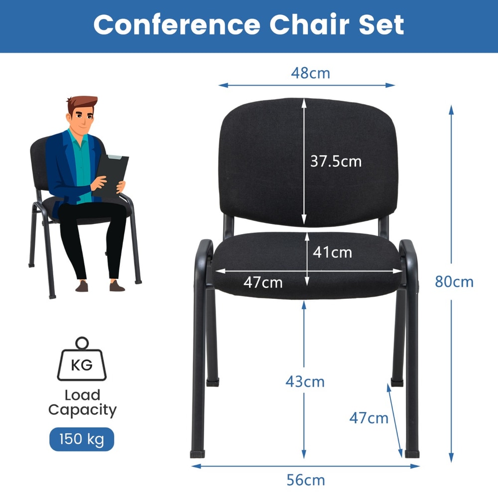 Size diagram of a black conference chair with dimensions and load capacity