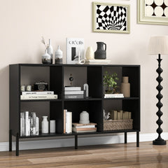 The black wooden open bookshelf in a living room setting with books and decor