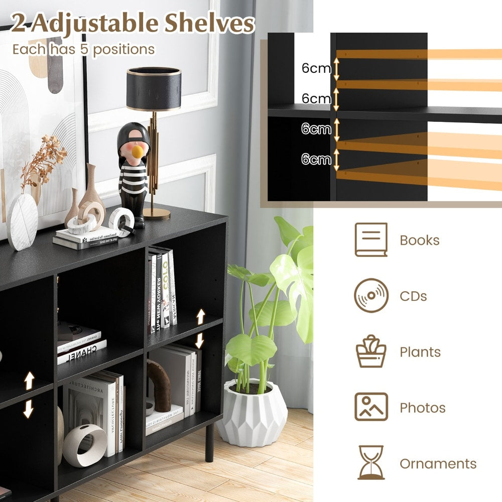 Close up of the black storage bookcase showing adjustable shelves and storage ideas
