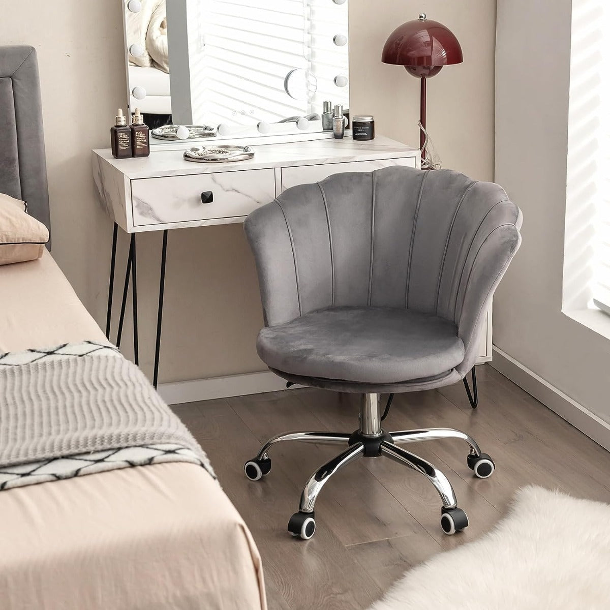 Adjustable Velvet Office Chair with Handle and Universal Wheels-Grey