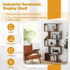 An infographic showing the five-tier S-shaped bookcase with icons for books, photos, and plants