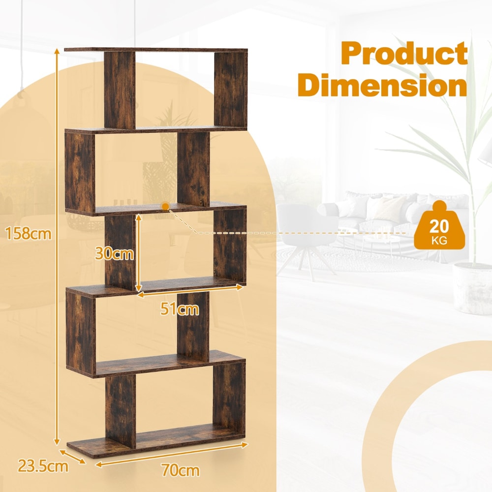 Product dimension diagram for the brown S-shaped bookcase showing height, width and depth