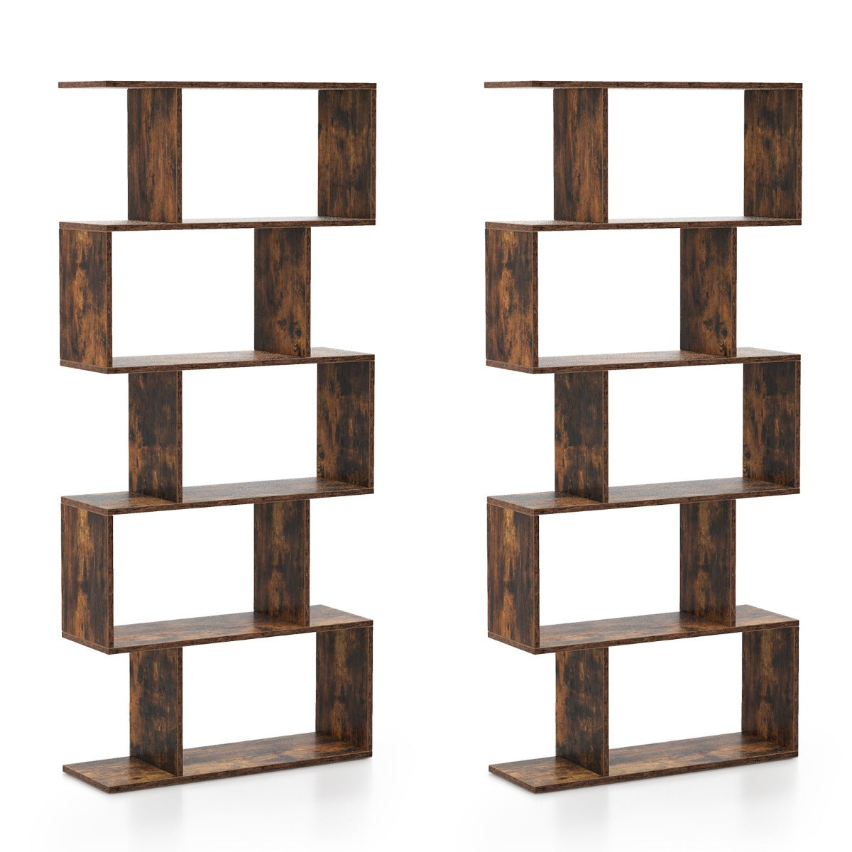 Two identical brown S-shaped bookcases standing side by side
