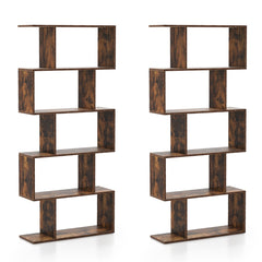 Two identical brown S-shaped bookcases standing side by side